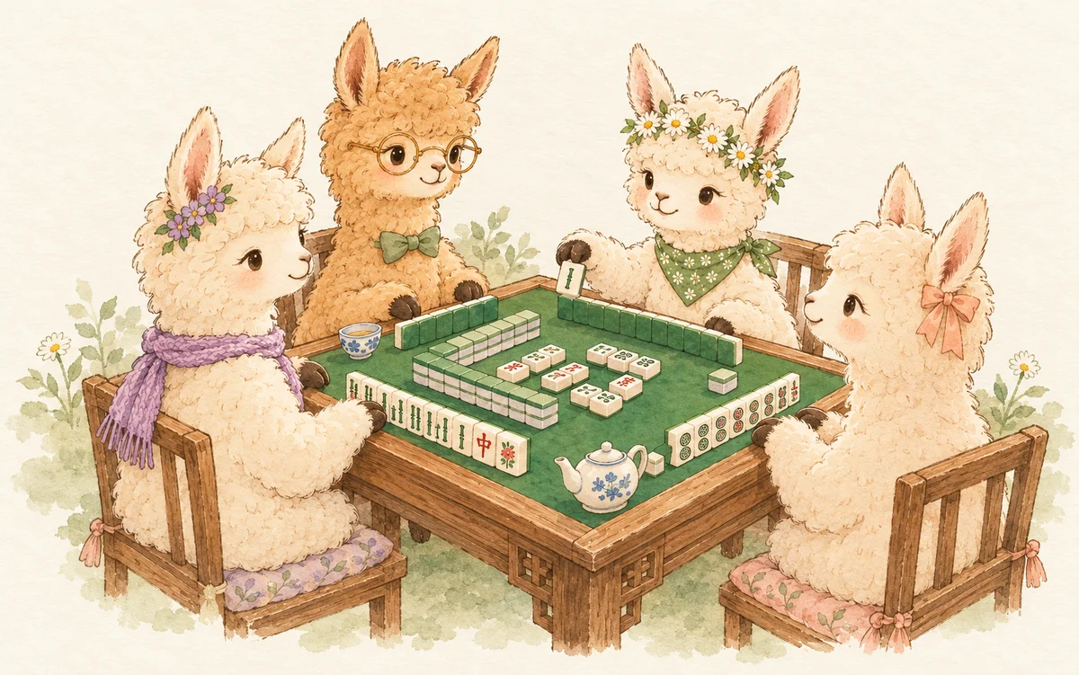 Mochi, Biscuit, Clover, and Pearl playing mahjong and sharing tea around a green table in a soft watercolor illustration.
